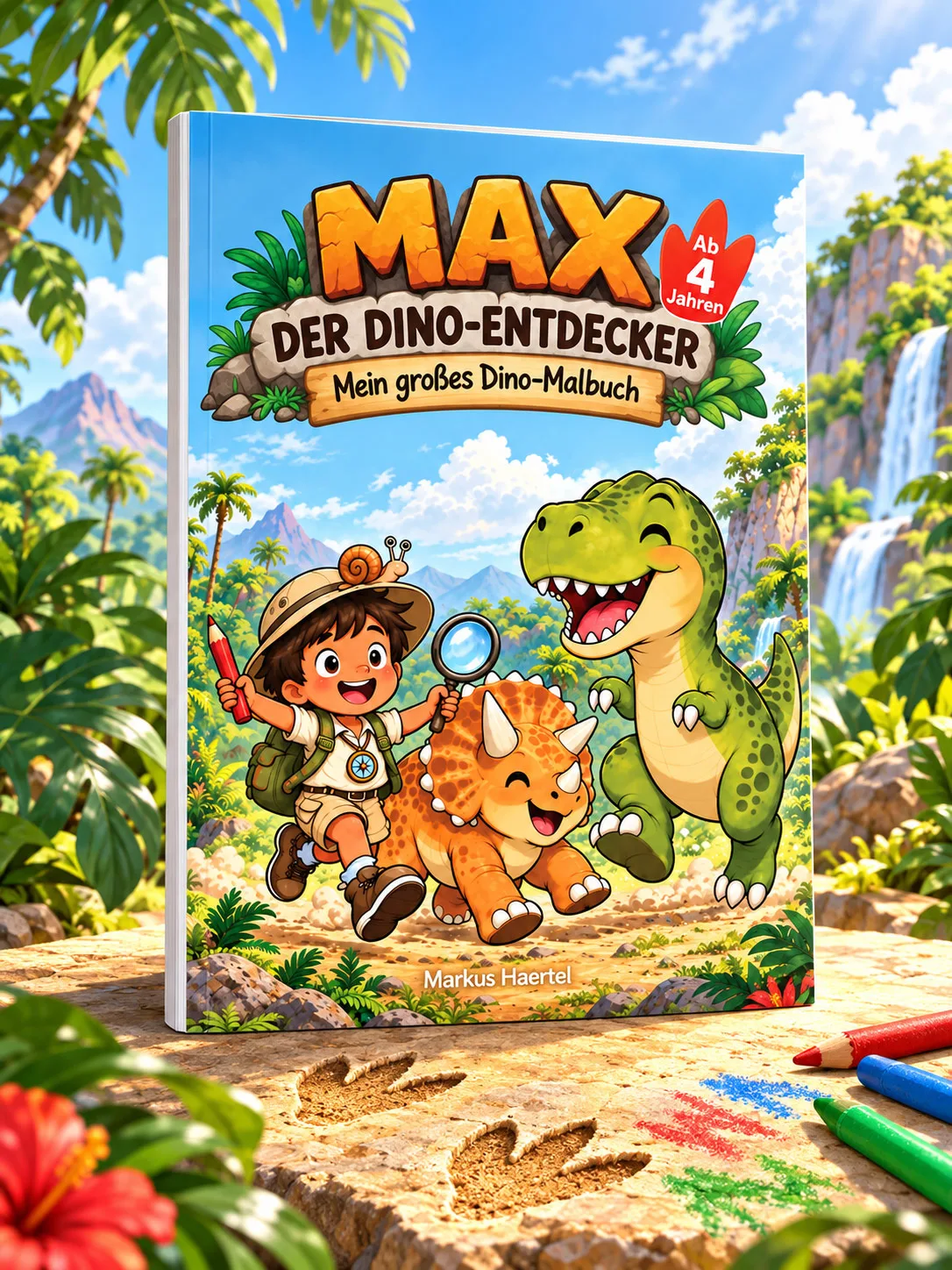 Das Malbuch steht im Dschungel, davor Buntstifte und Dino-Fußspuren im Sand