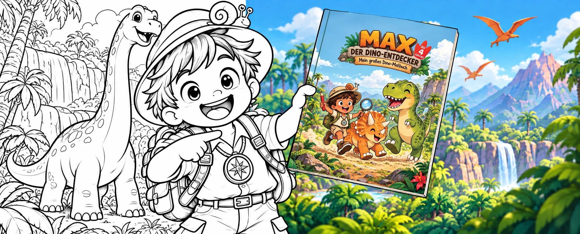 Max und ein Brachiosaurus, zur Hälfte als Ausmalzeichnung, zur Hälfte farbig; Max hält das Malbuch