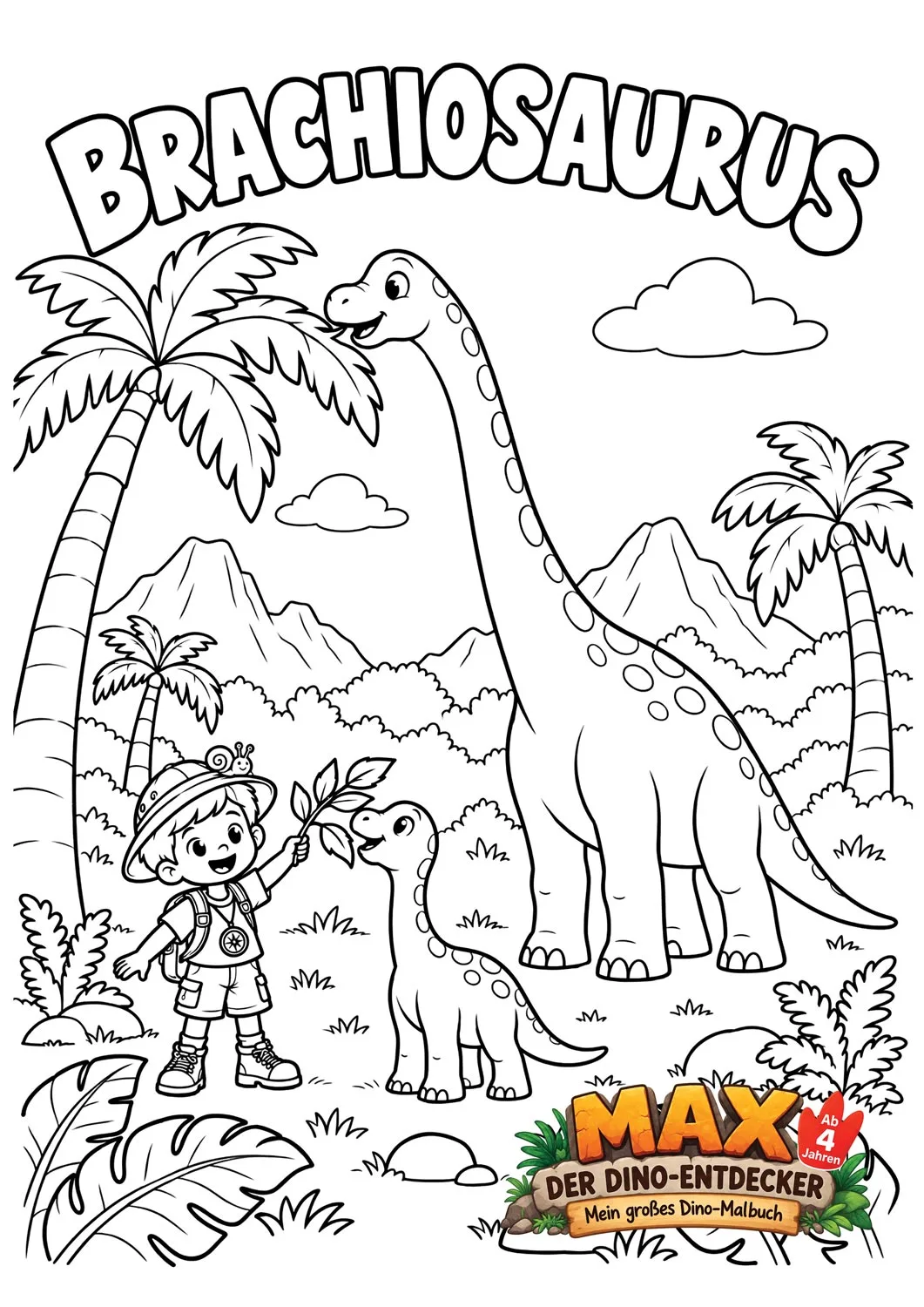 Ausmalseite: Max mit einem jungen und einem großen Brachiosaurus