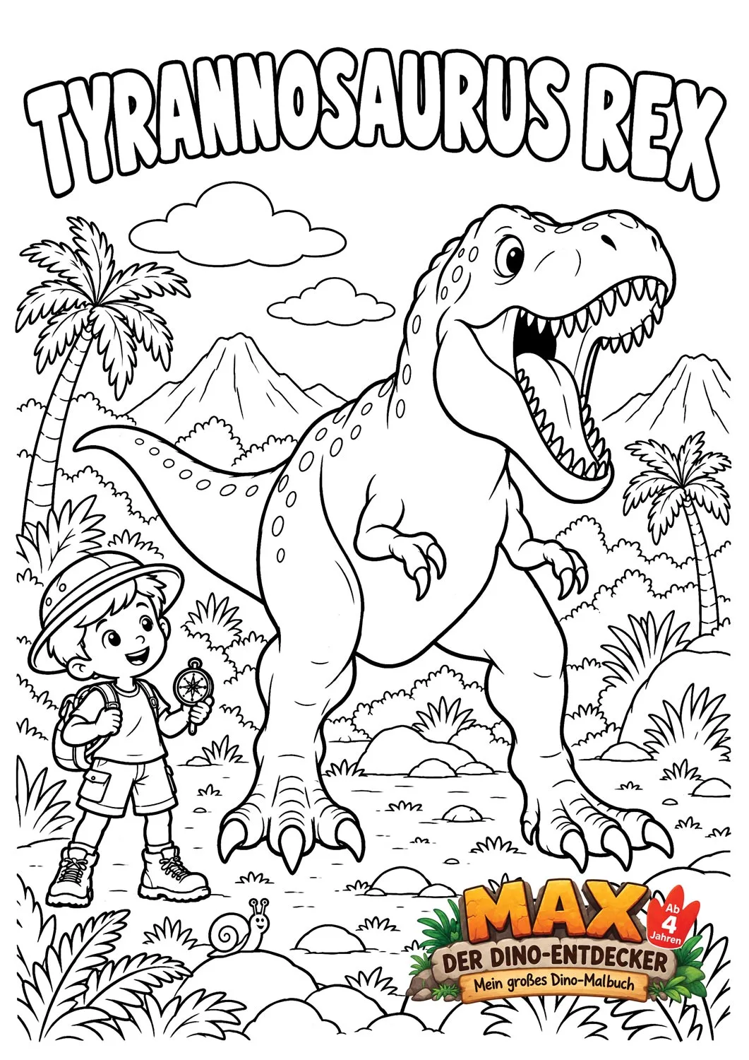 Ausmalseite: Max mit Kompass vor einem brüllenden T-Rex